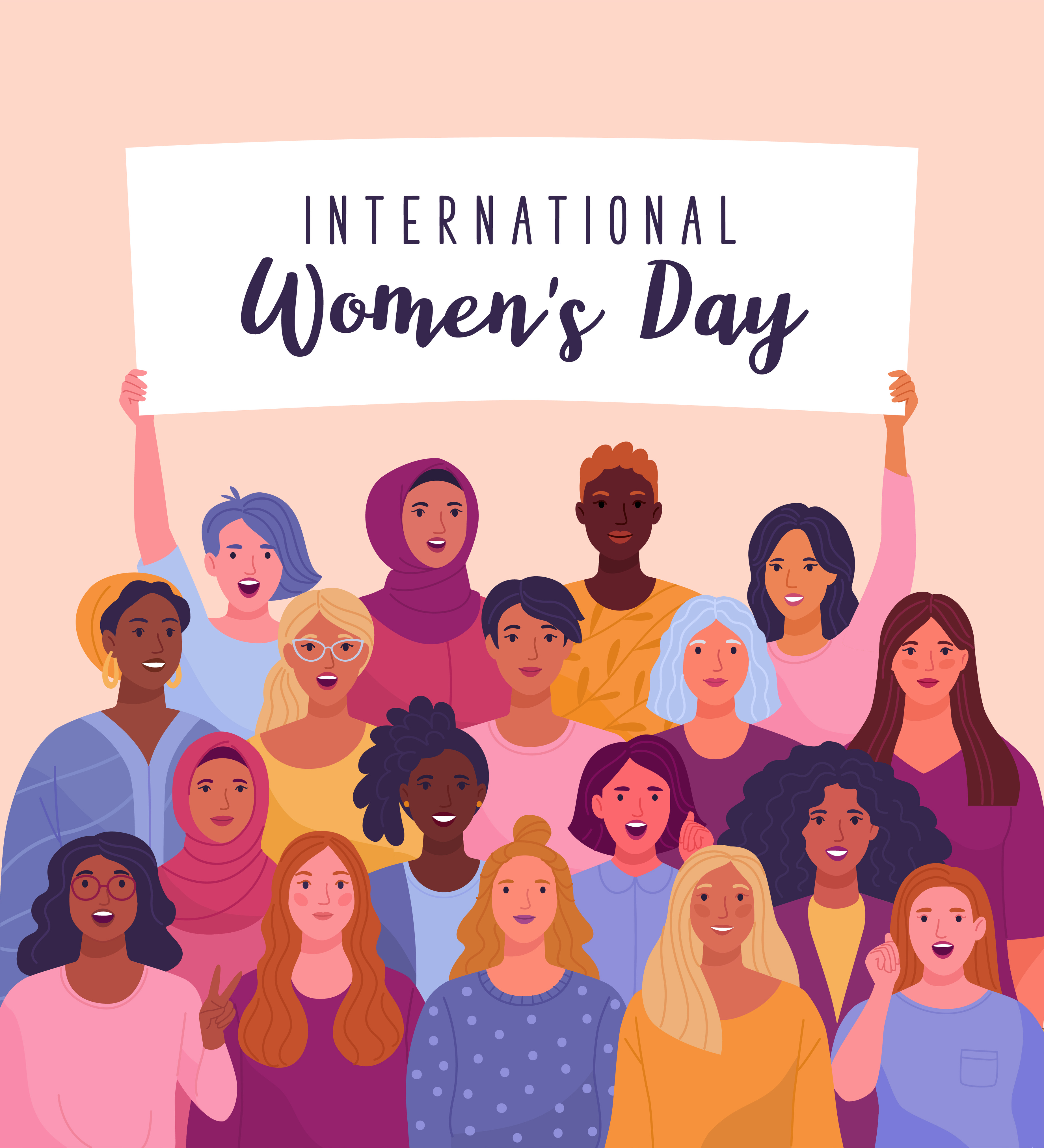 A graphic of a group of women celebrating International Women&#039;s Day