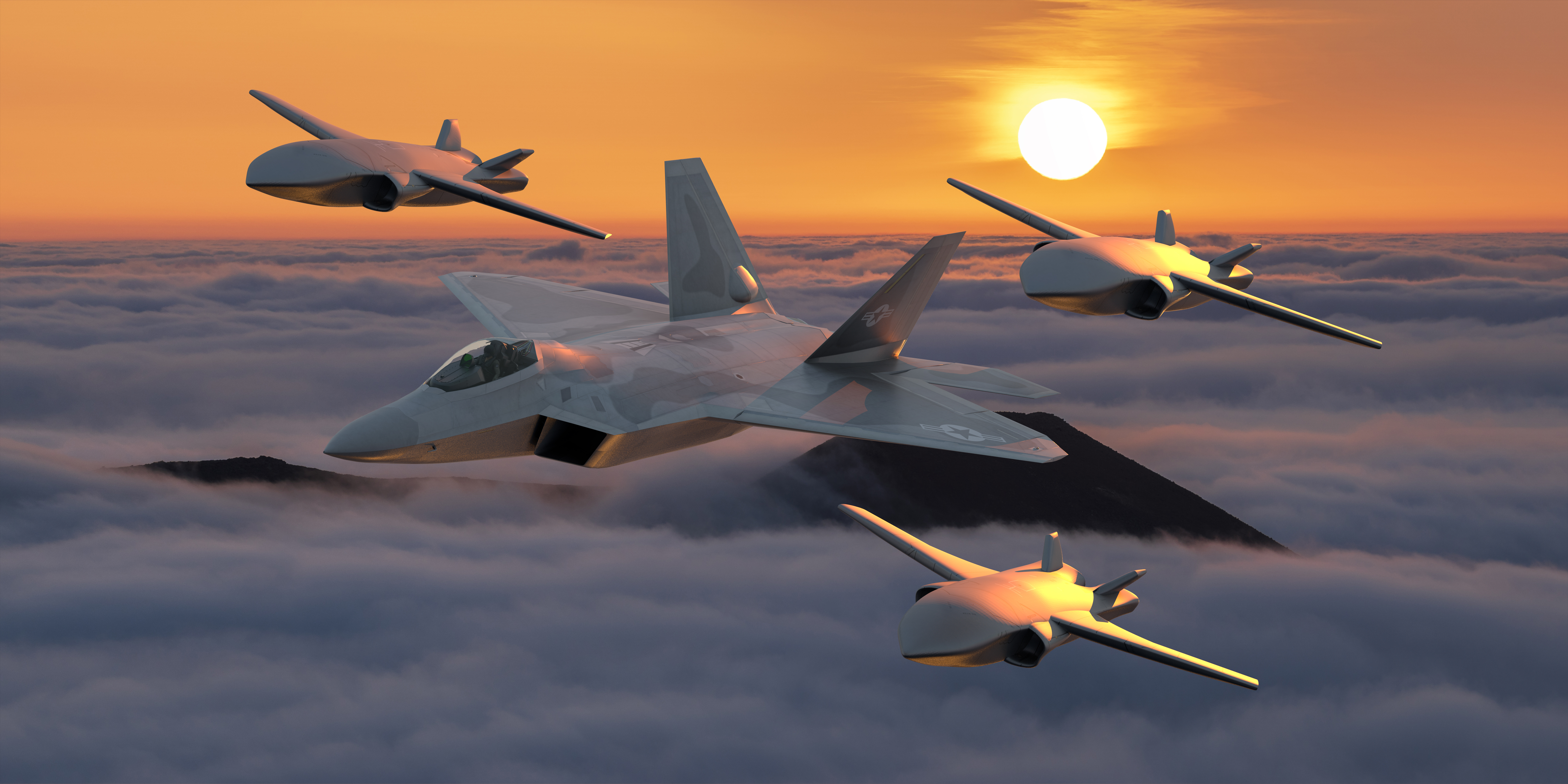 Lockheed Martin F-22 Raptor in a formation with combat drones from the Loyal Wingman program, artistic vision.