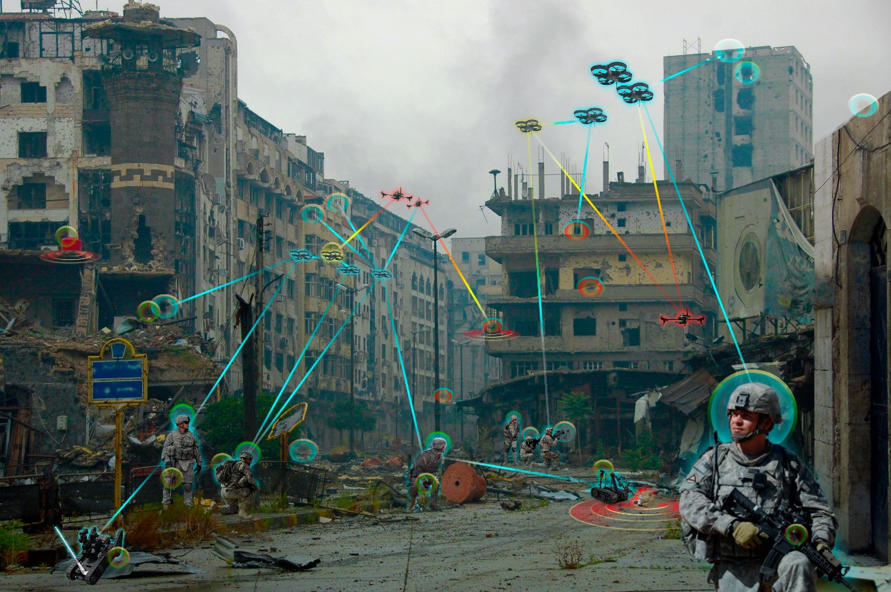 An illustration depicting the use of Internet of Battlefield Things technology in an unstructured, chaotic urban environment.