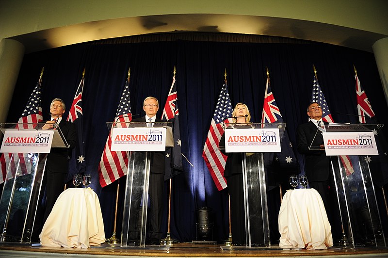 In 2011, US and Australian leaders met to acknowledge the 60th anniversary of the ANZUS treaty. US Secretary of Defence Leon E. Panetta, US Secretary of State Hillary Clinton, Australian Minister for Defence Stephen Smith and Australian Minister for Foreign Affairs Kevin Rudd are pictured. 