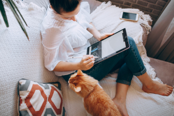 Person sitting on couch on tablet with pet