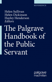 Front cover of 'THe Palgrave Handbook of the Public Servant'. The deep blue cover features the title, decorative lighter blue accents, and the editors' names, Helen Sullivan, Helen Dickinson, and Hayley Henderson. The word 'reference' is in the top right corner.