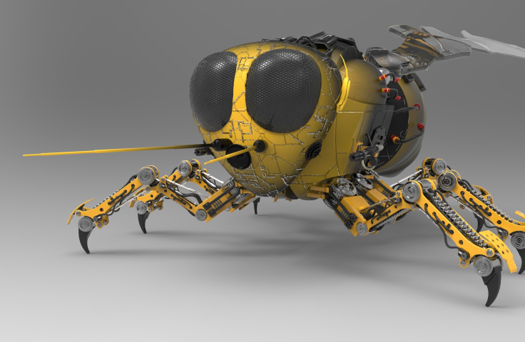 3D illustration of a black and yellow mechanical robot bee