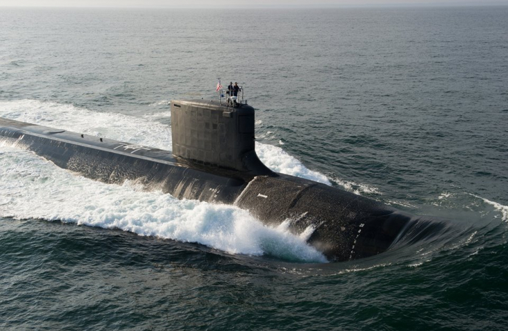 The US Navy submarine USS North Dakota (SSN-784) underway during bravo sea trials in the Atlantic Ocean.